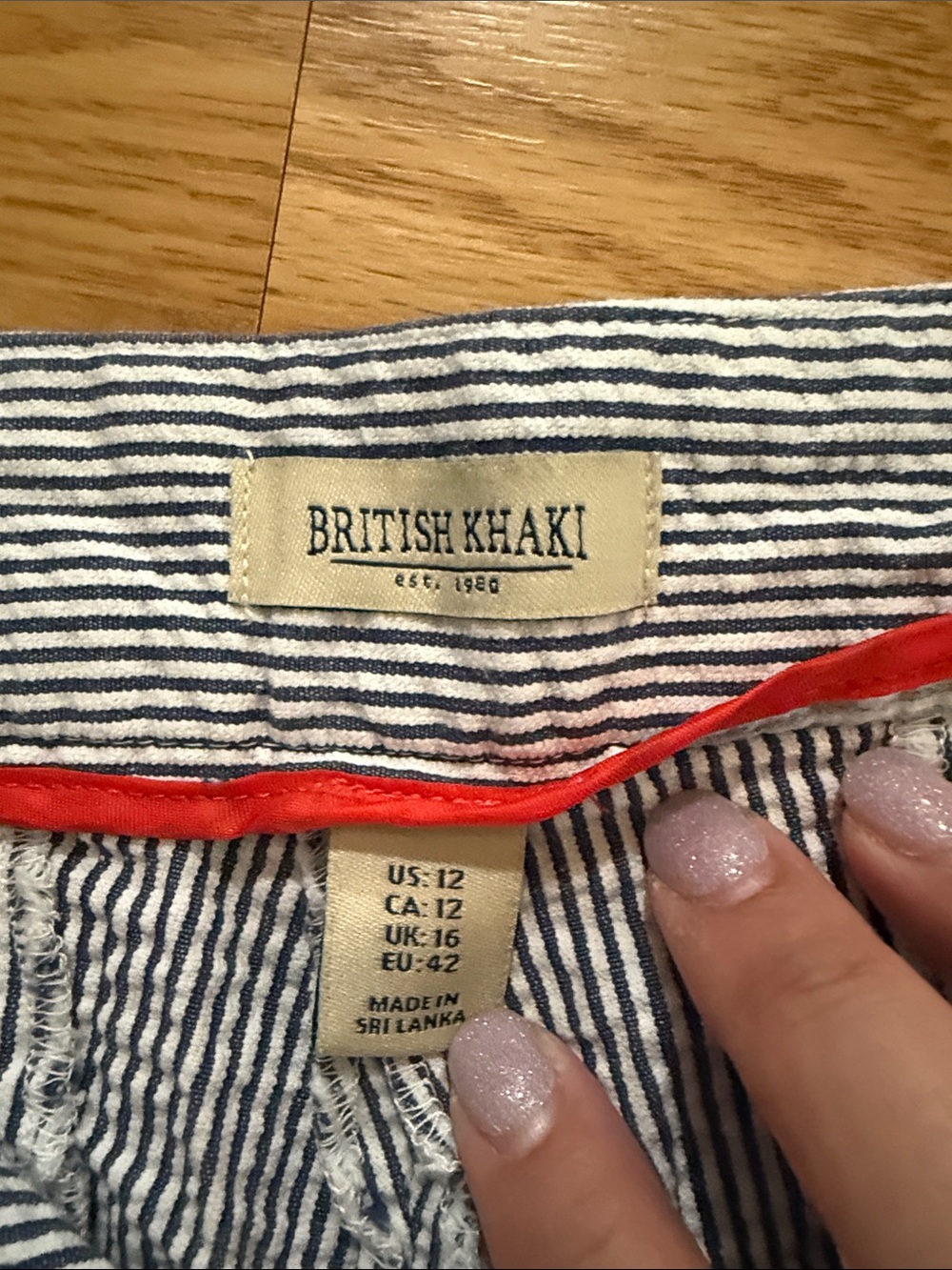 British Khaki Blue and White Striped Scallop-Hem High Waist Shorts - Picture 2 of 5